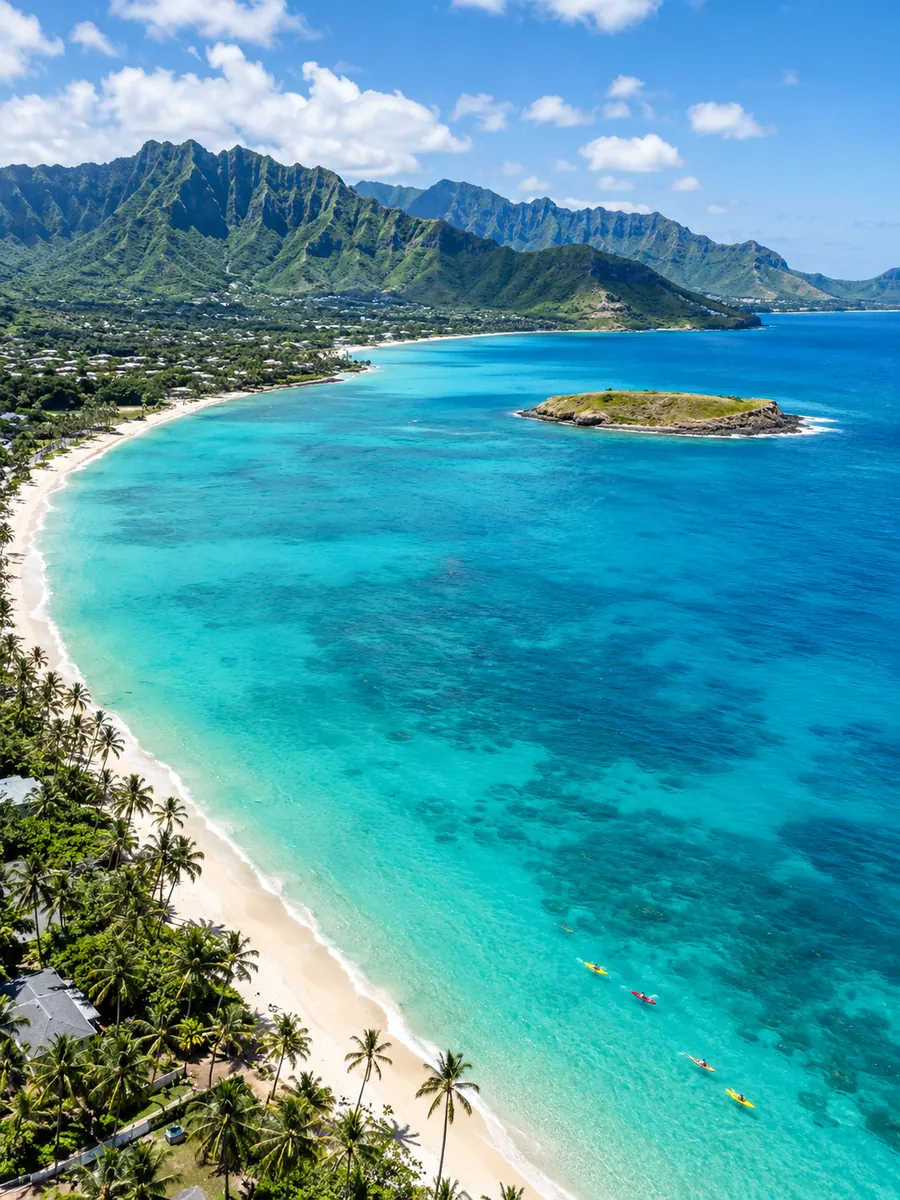 Luftaufnahme des langen, weißen Bogens des Kailua Beach mit einer kleinen flachen Insel vor der Küste und grünen Bergen dahinter