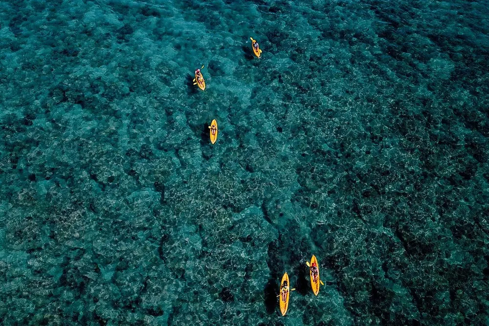 Vista aérea de kayaks amarillos dispersos sobre un arrecife oscuro en aguas verde intenso