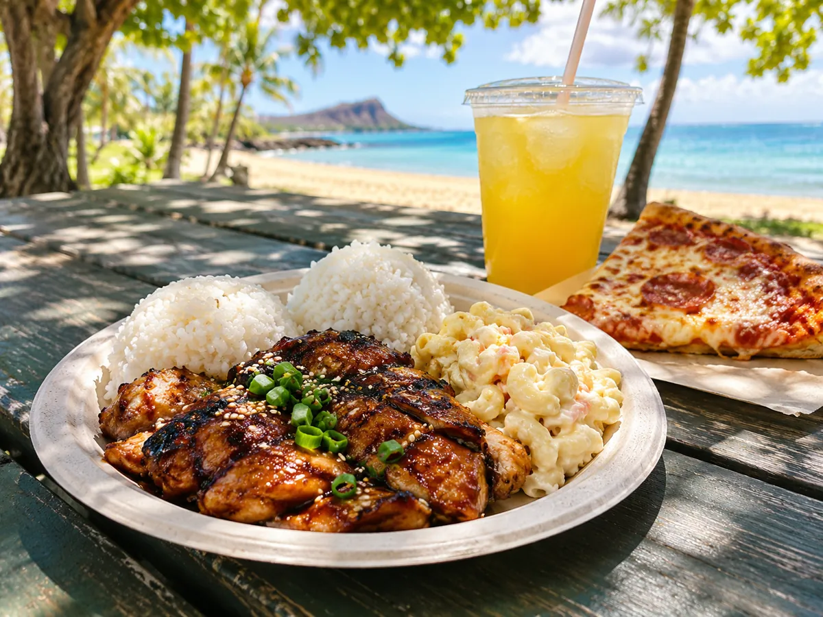 Ein hawaiianisches Plate Lunch aus Teriyaki-Hähnchen, Reis und Makkaronisalat mit einem Stück Pizza und einem kalten Getränk auf einem Picknicktisch