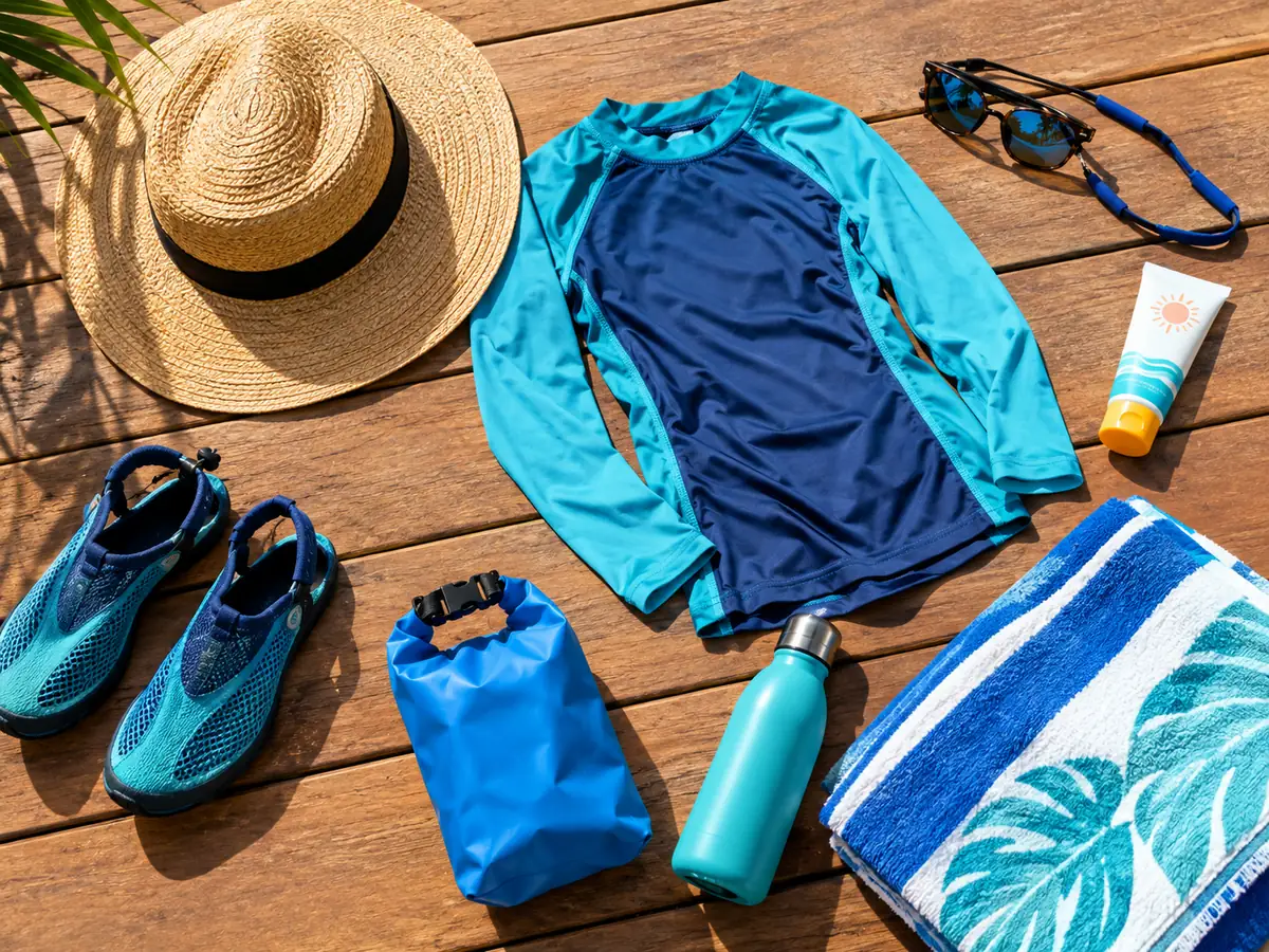 Wasserschuhe, ein UV-Shirt, ein Sonnenhut, eine Sonnenbrille mit Band, mineralische Sonnencreme, ein Trockensack, eine Wasserflasche und ein Handtuch auf einer Holzterrasse